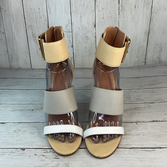 Sigerson Morrison Multi Neutral Colors Poker 2 Strap Heeled Sandals - Picture 3 of 14